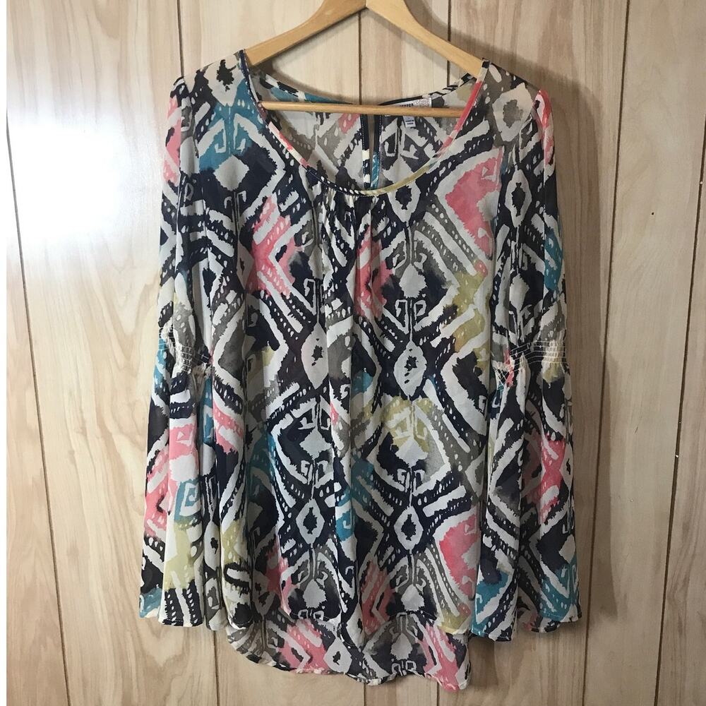 Blu Pepper Vintage Pleated Geometric Scoop Neck Long Sleeve Blouse L